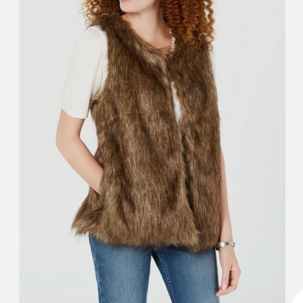 SAY WHAT? Brown shaggy faux fur vest